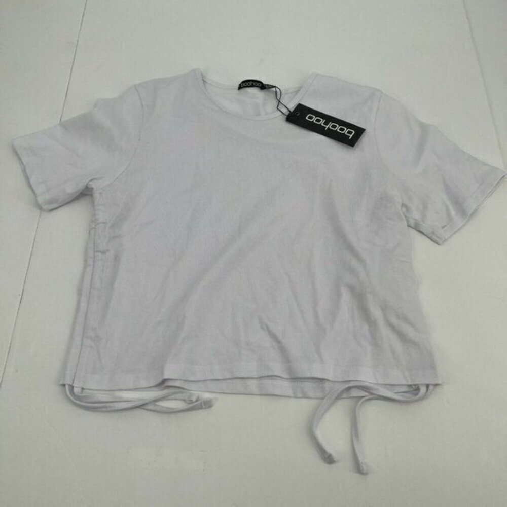 Boohoo Top 6 Womens White Ruched Side T Shirt Casual Short Sleeves Knit New